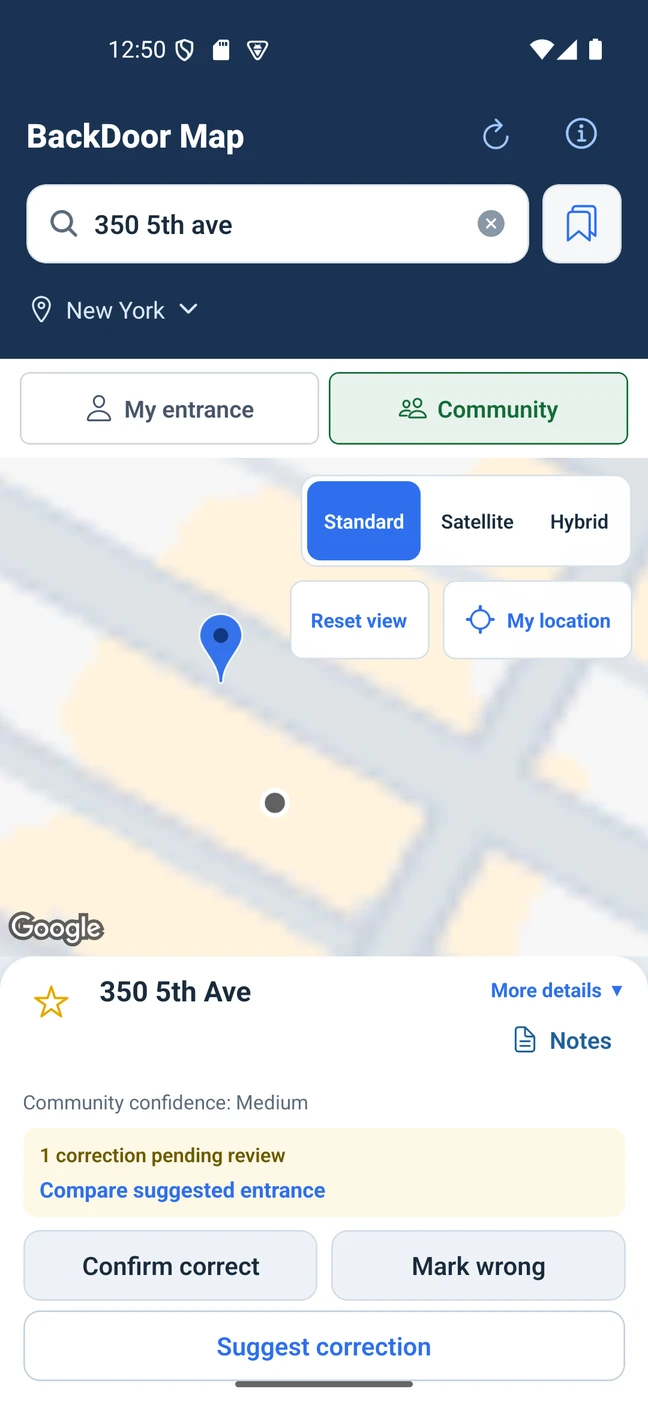BackDoor Map development screen with separate My entrance and Community views for the Empire State Building